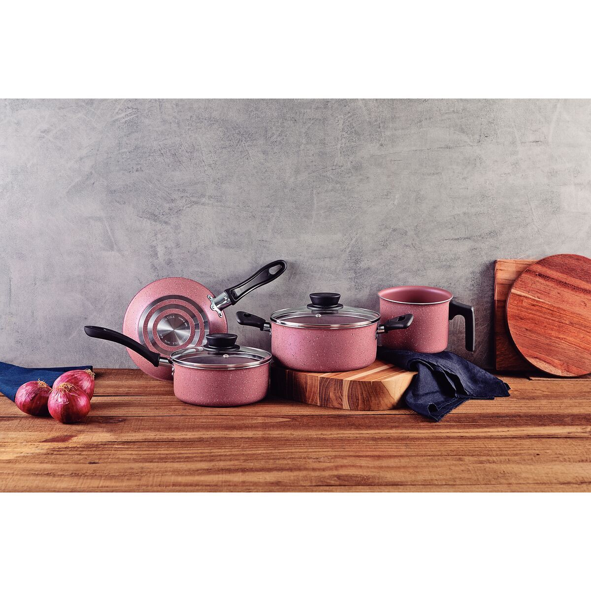 Jogo de Panelas Tramontina Linz em Aluminio com Revestimento Interno e Externo em Antiaderente Starflon Max Rosa 04 Peças