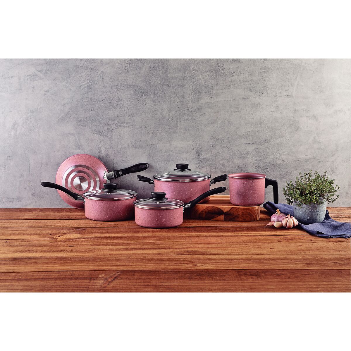 Jogo de Panelas Tramontina Linz em Aluminio com Revestimento Interno e Externo em Antiaderente Starflon Max Rosa 05 Peças