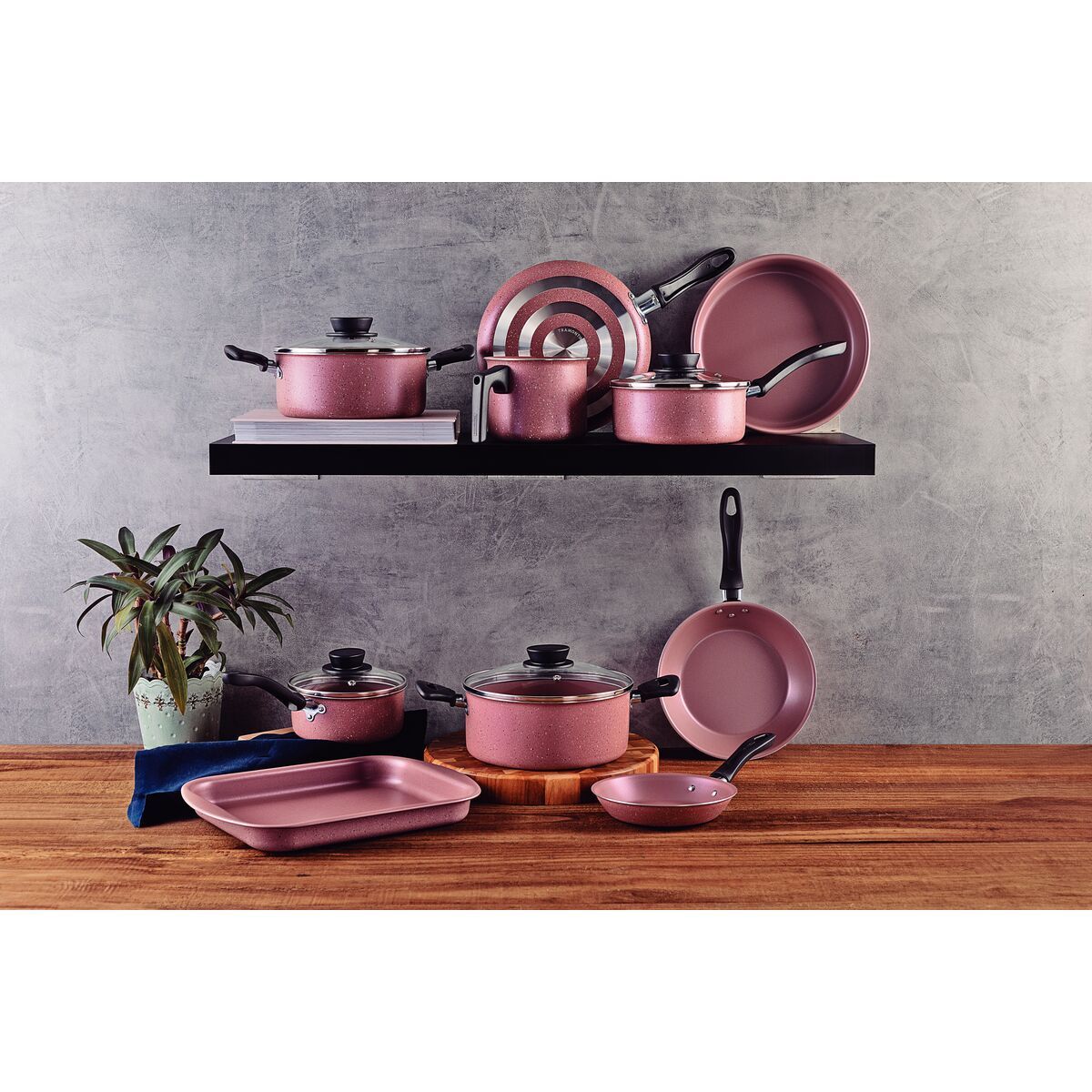 Jogo de Panelas Tramontina Linz em Alumínio com Revestimento Interno e Externo em Antiaderente Starflon Max Rosa 10 Peças