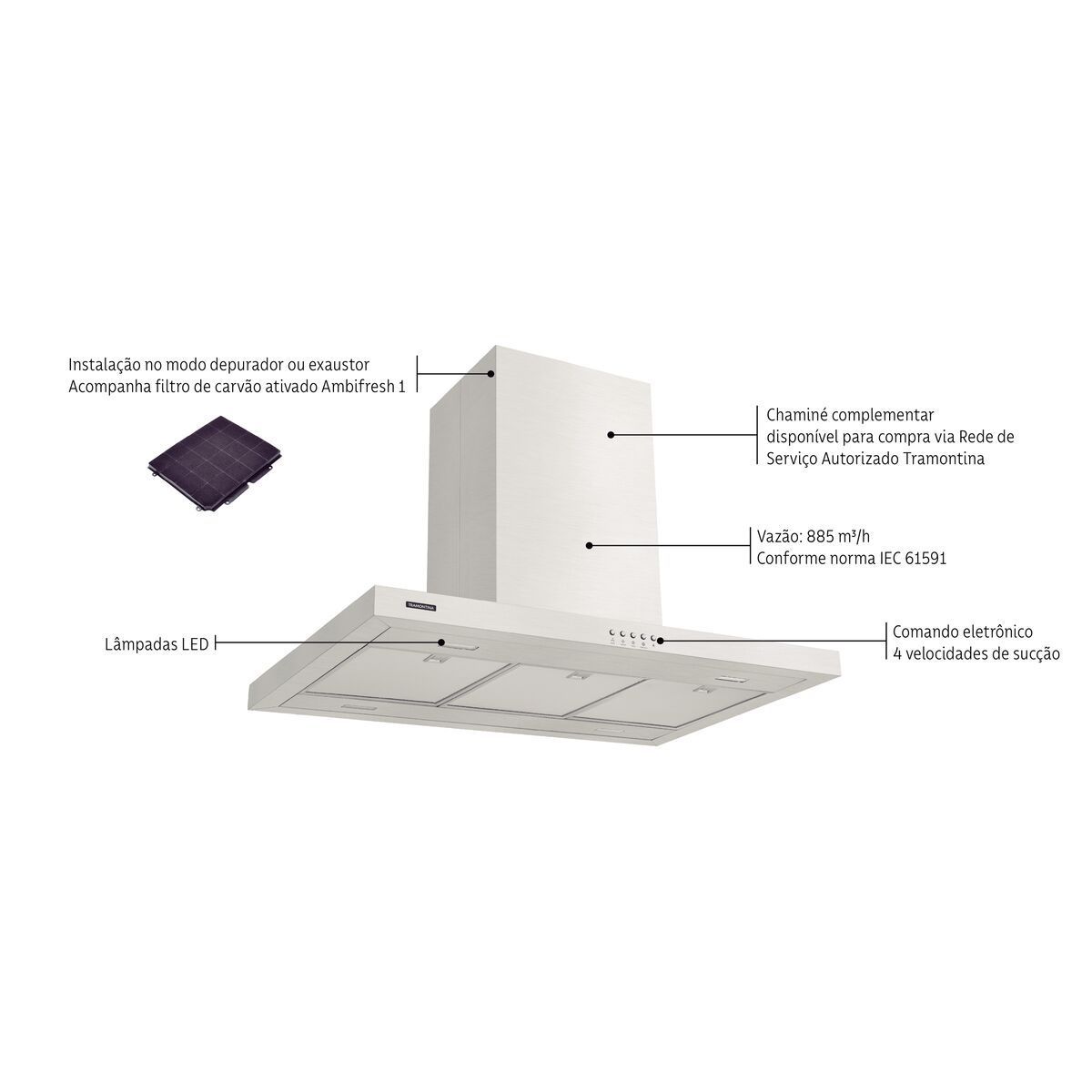 Coifa de Ilha Tramontina New Dritta Isla em Aço Inox 90 cm 127 V