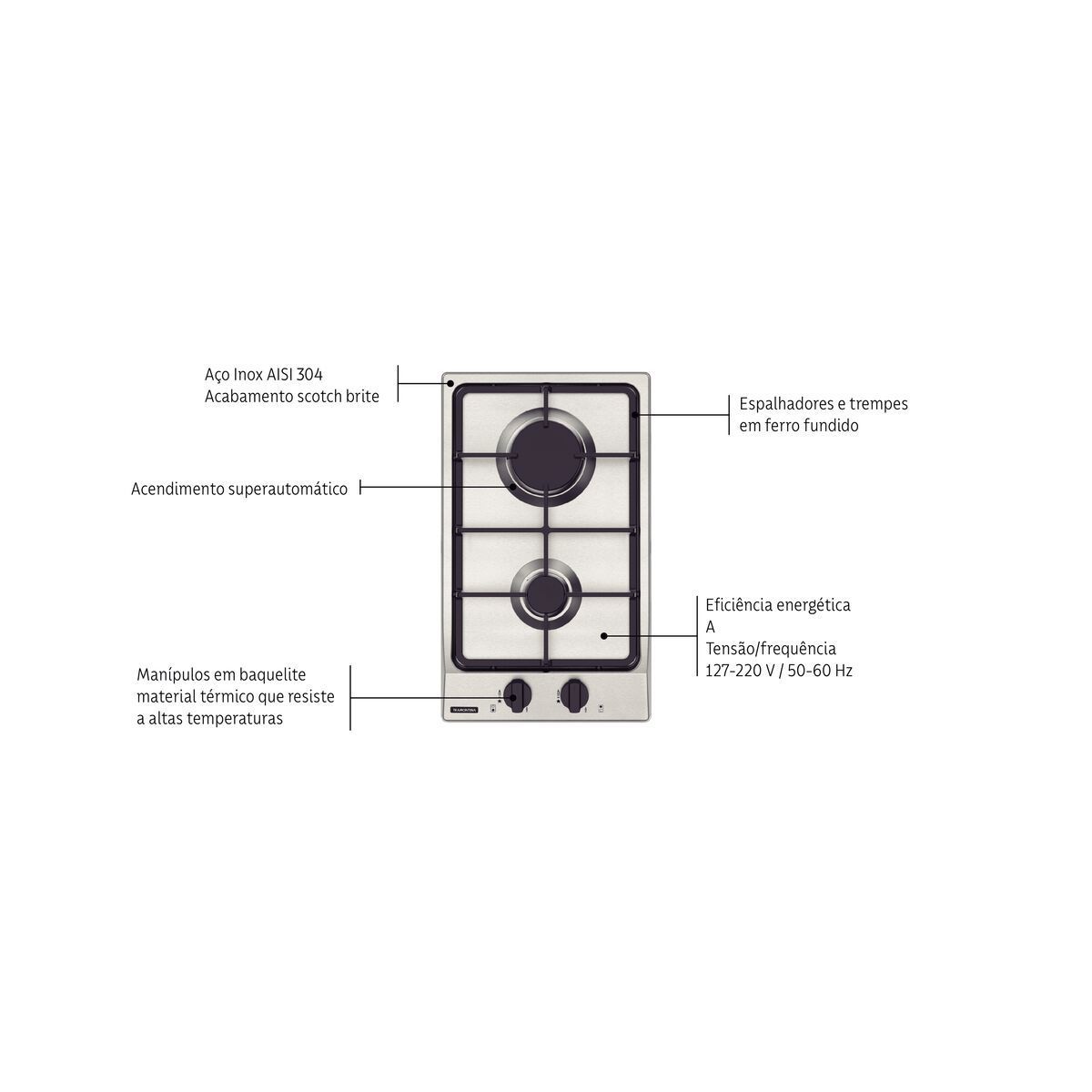 Cooktop a Gás Tramontina Dominó FF 2GX 30 em Aço Inox com Trempes em Ferro Fundido e Acendimento superautomático 2 Queimadores