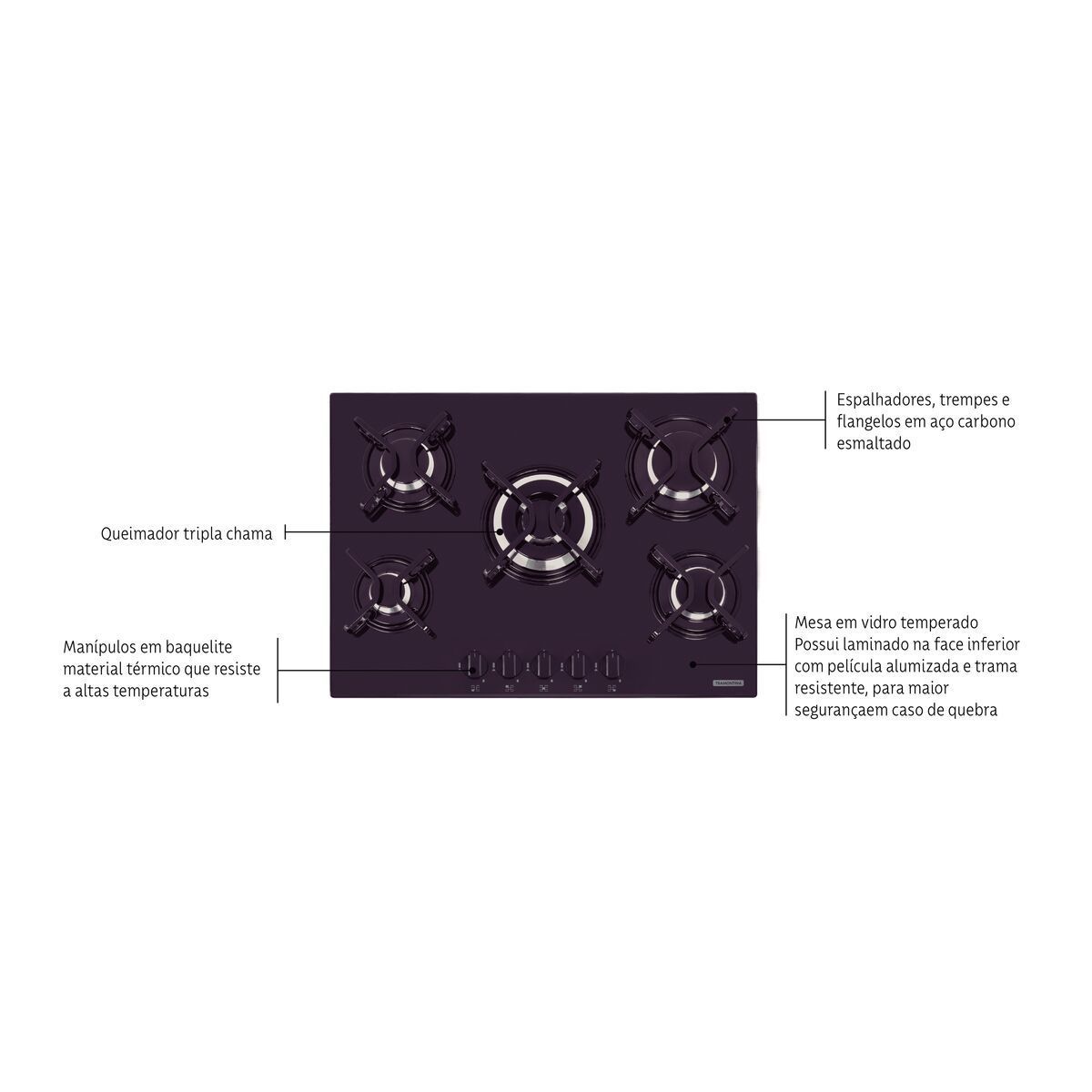 Cooktop a Gás Tramontina Penta em Vidro Temperado Preto com Trempes em Aço Carbono e Acendimento superautomático 5 Queimadores