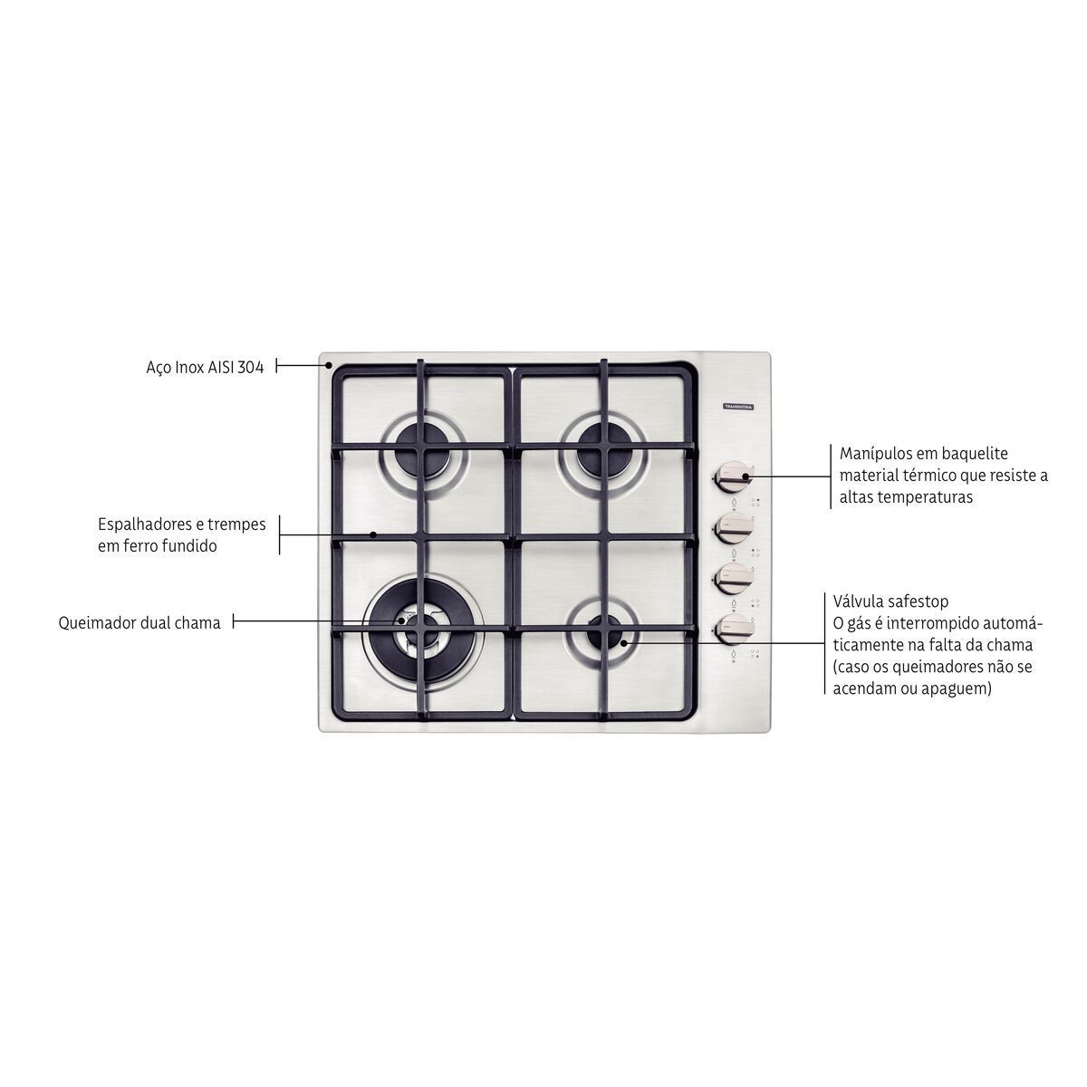 Cooktop a Gás Tramontina Square em Aço Inox com Trempes em Ferro Fundido e Acendimento Superautomático 4 Queimadores