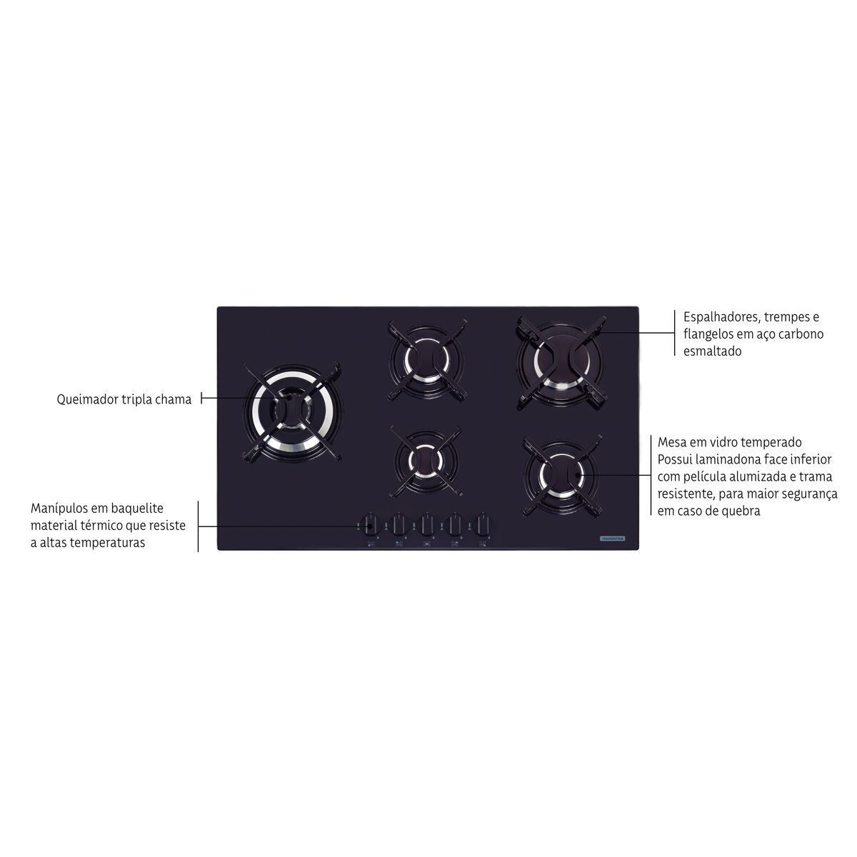 Cooktop a Gás Tramontina Penta Side Plus em Vidro Temperado Preto com Trempes em Aço Carbono e Acendimento superautomático 5 Queimadores
