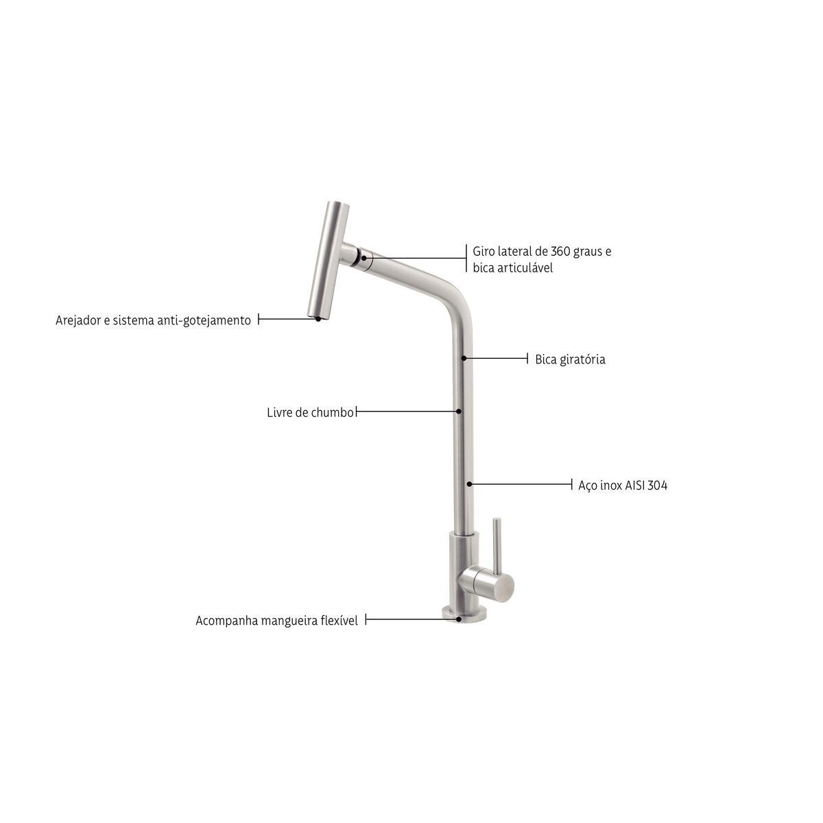 Torneira Versa Tramontina em Aço Inox com Bica Articulada