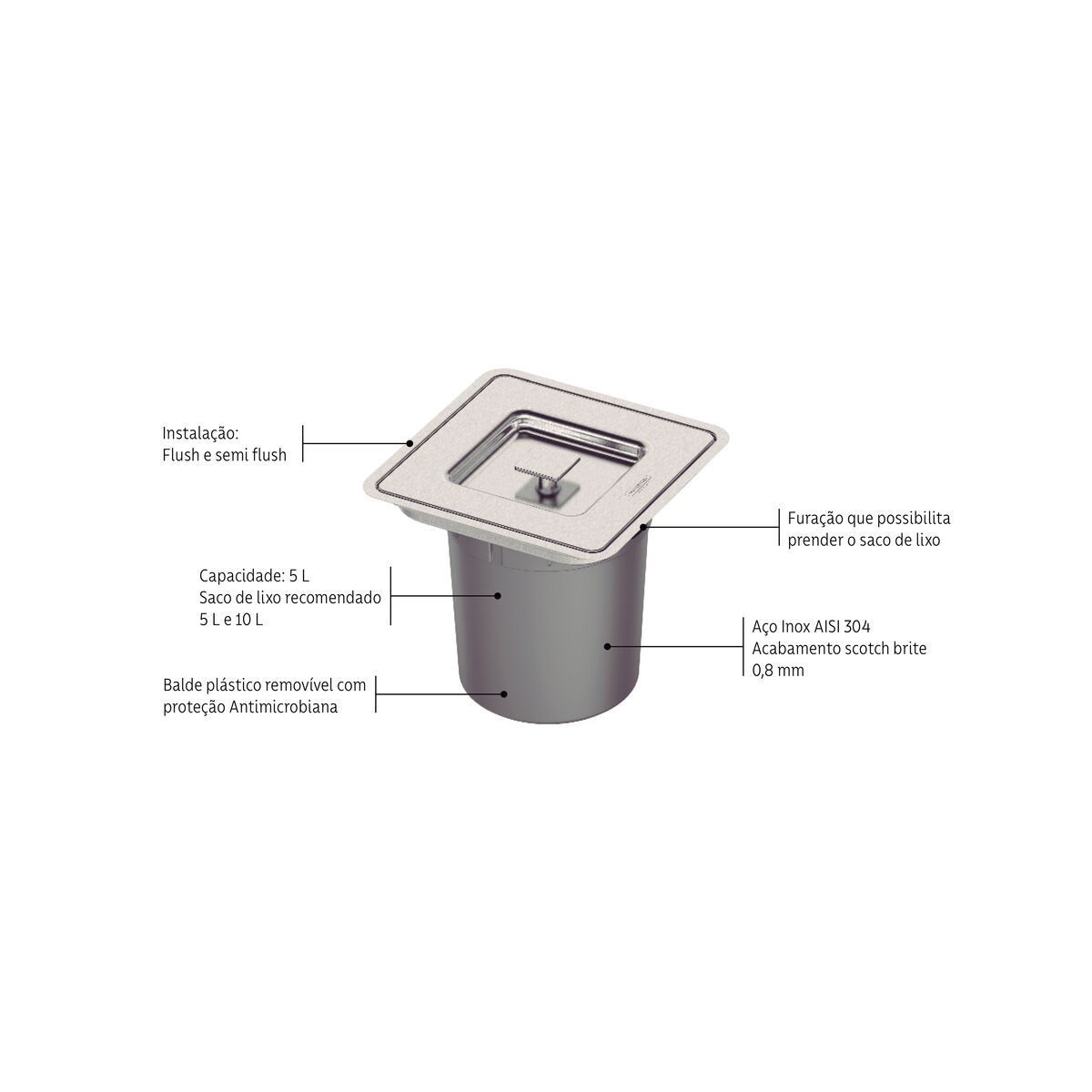 Lixeira de Embutir Tramontina Clean Square em Aço Inox com Balde Plástico 5 L