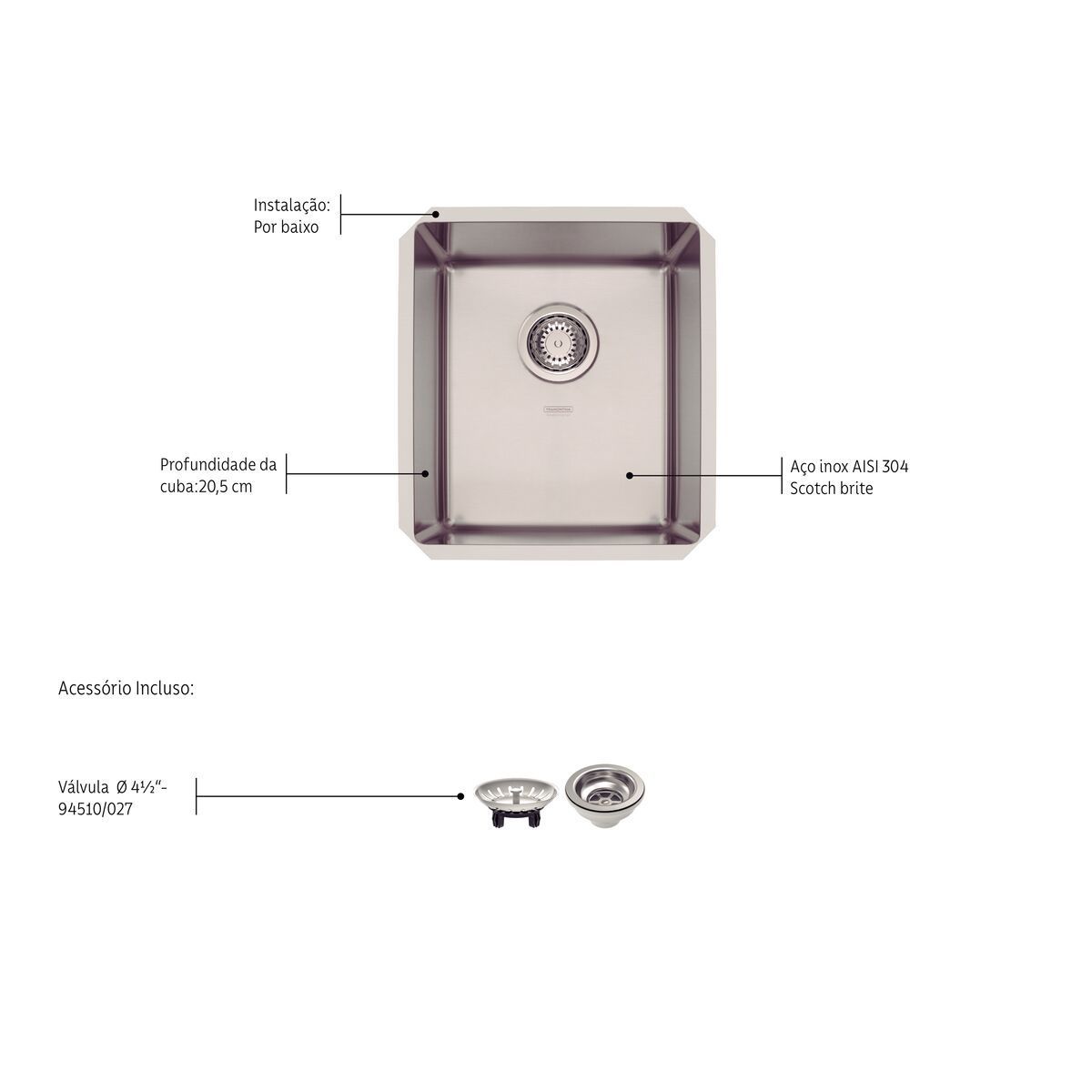 Cuba Tramontina Design Collection Quadrum 34 Undermount em Aço Inox com Acabamento Acetinado 34x40 cm