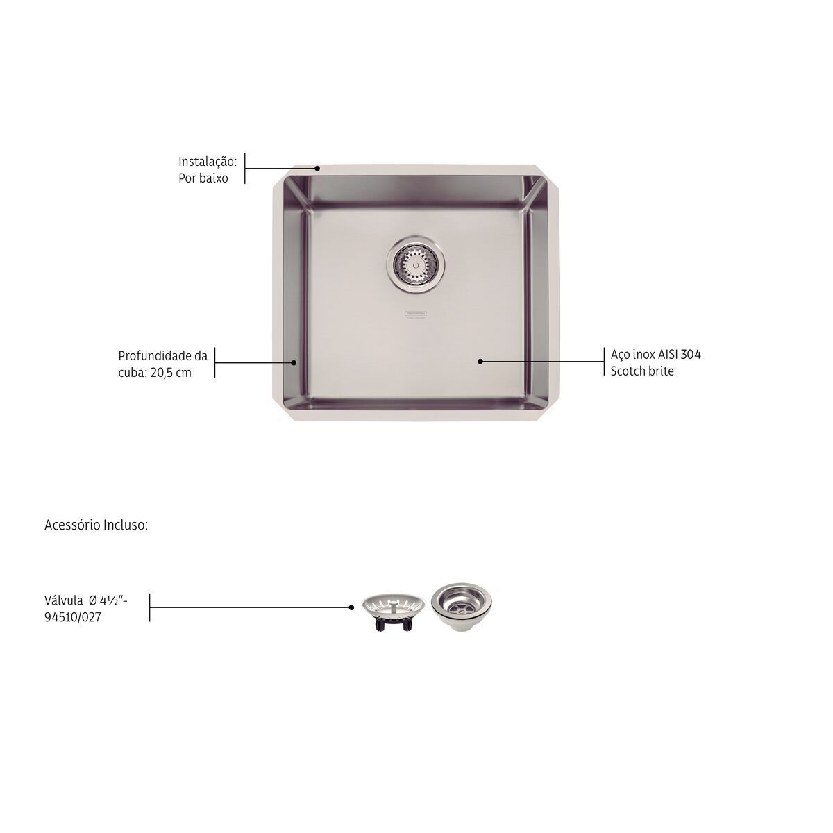 Cuba de embutir Tramontina Design Collection Quadrum Undermount em Aço Inox com Acabamento Acetinado 45 U 45x40 cm