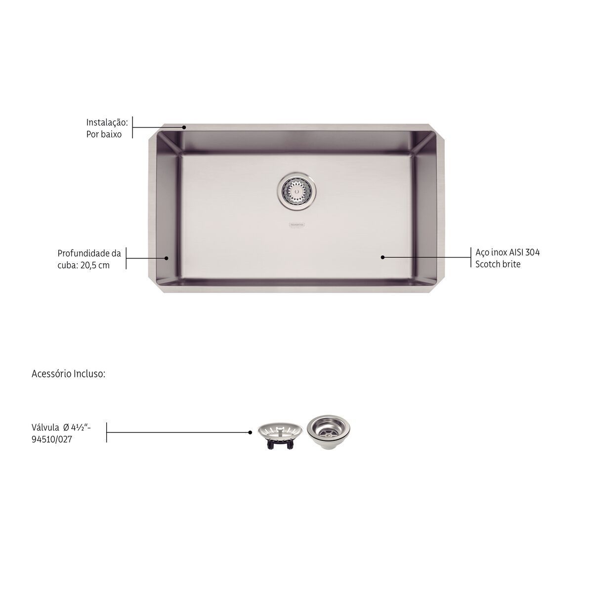 Cuba de embutir Tramontina Design Collection Quadrum Undermount em Aço Inox com Acabamento Acetinado 70 U 70x40 cm
