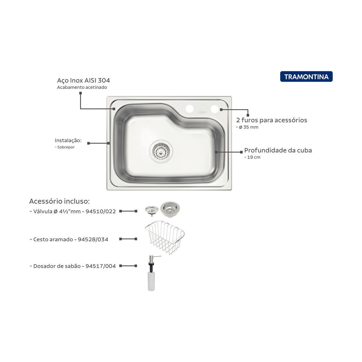Cuba Tramontina Morgana Compact 48 FX em Aço Inox + válvula, cesta aramada e dosador de sabão