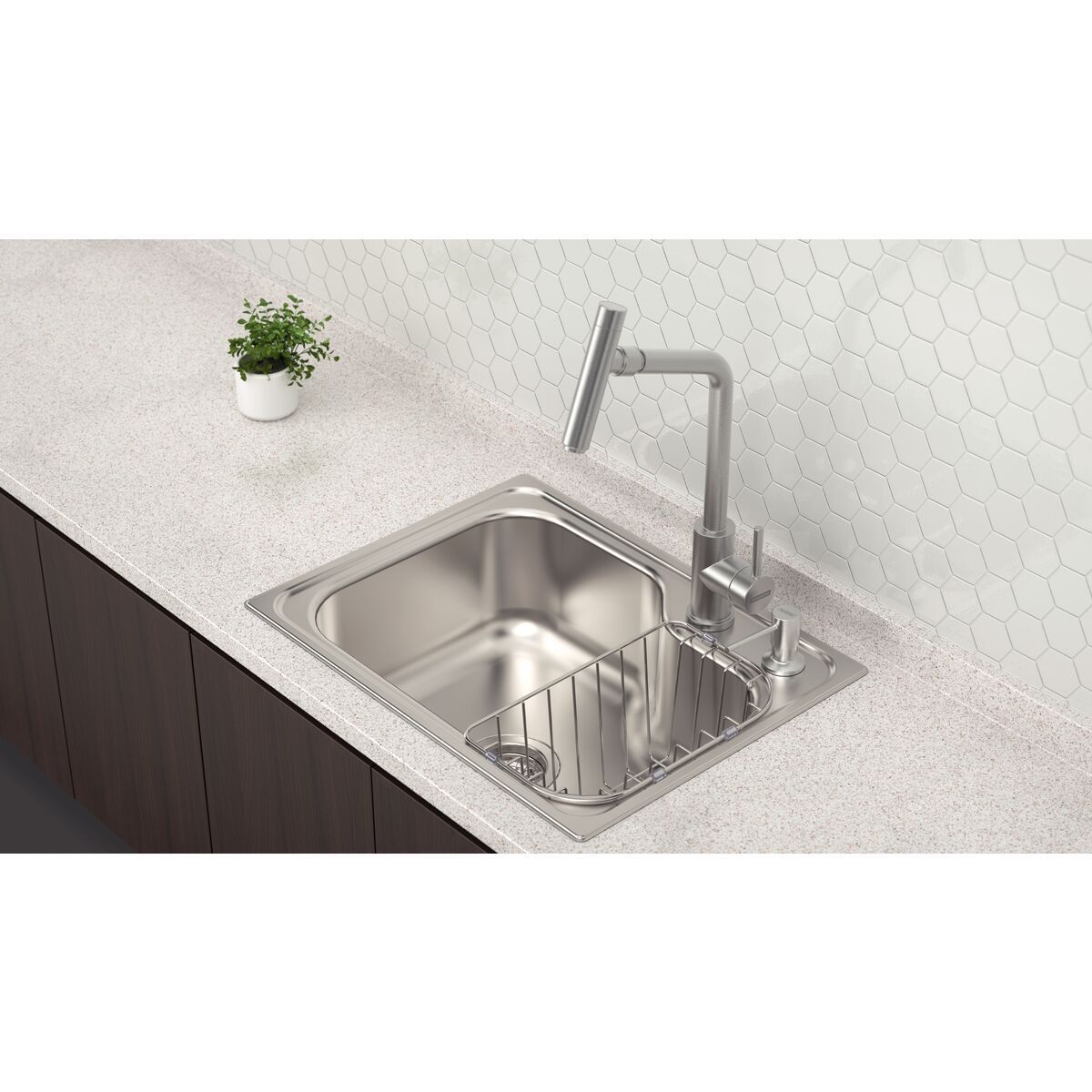 Cuba Tramontina Morgana Compact 48 FX em Aço Inox + válvula, cesta aramada e dosador de sabão