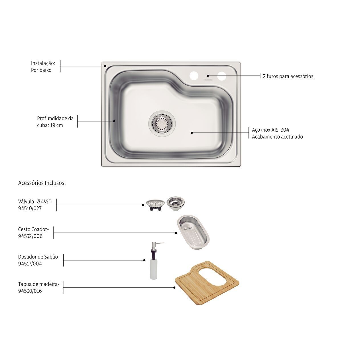 Cuba Tramontina Morgana Compact 48 FX Undermount em Aço Inox + válvula, tábua de madeira, cesto coador e dosador de sabão