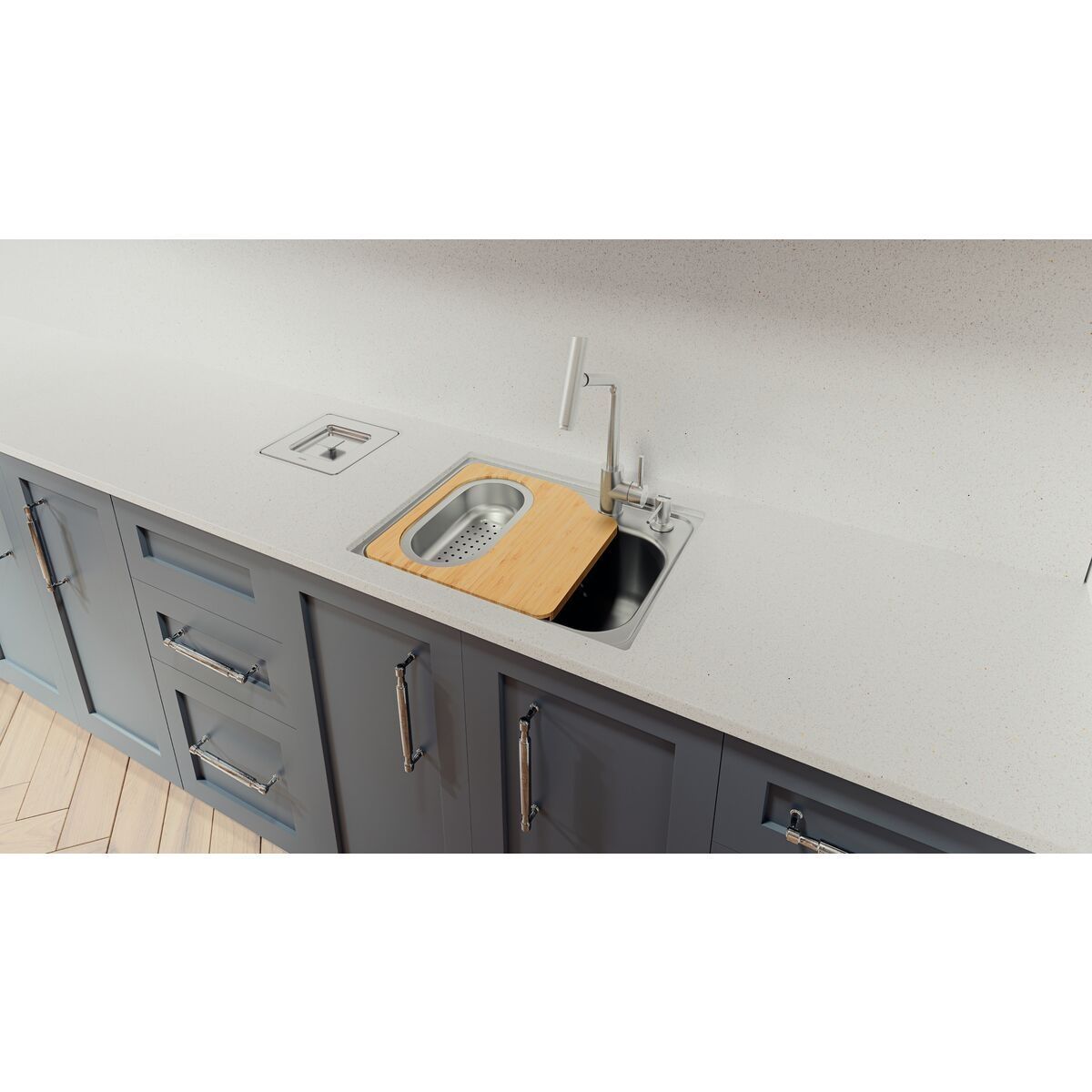 Cuba Tramontina Morgana Compact 48 FX Undermount em Aço Inox + válvula, tábua de madeira, cesto coador e dosador de sabão