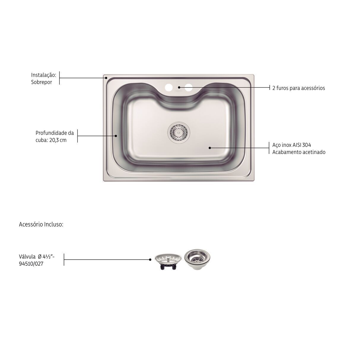 Cuba de Sobrepor Tramontina Morgana 60 FX em Aço Inox com Acabamento Escovado 69 x 49 cm com Válvula