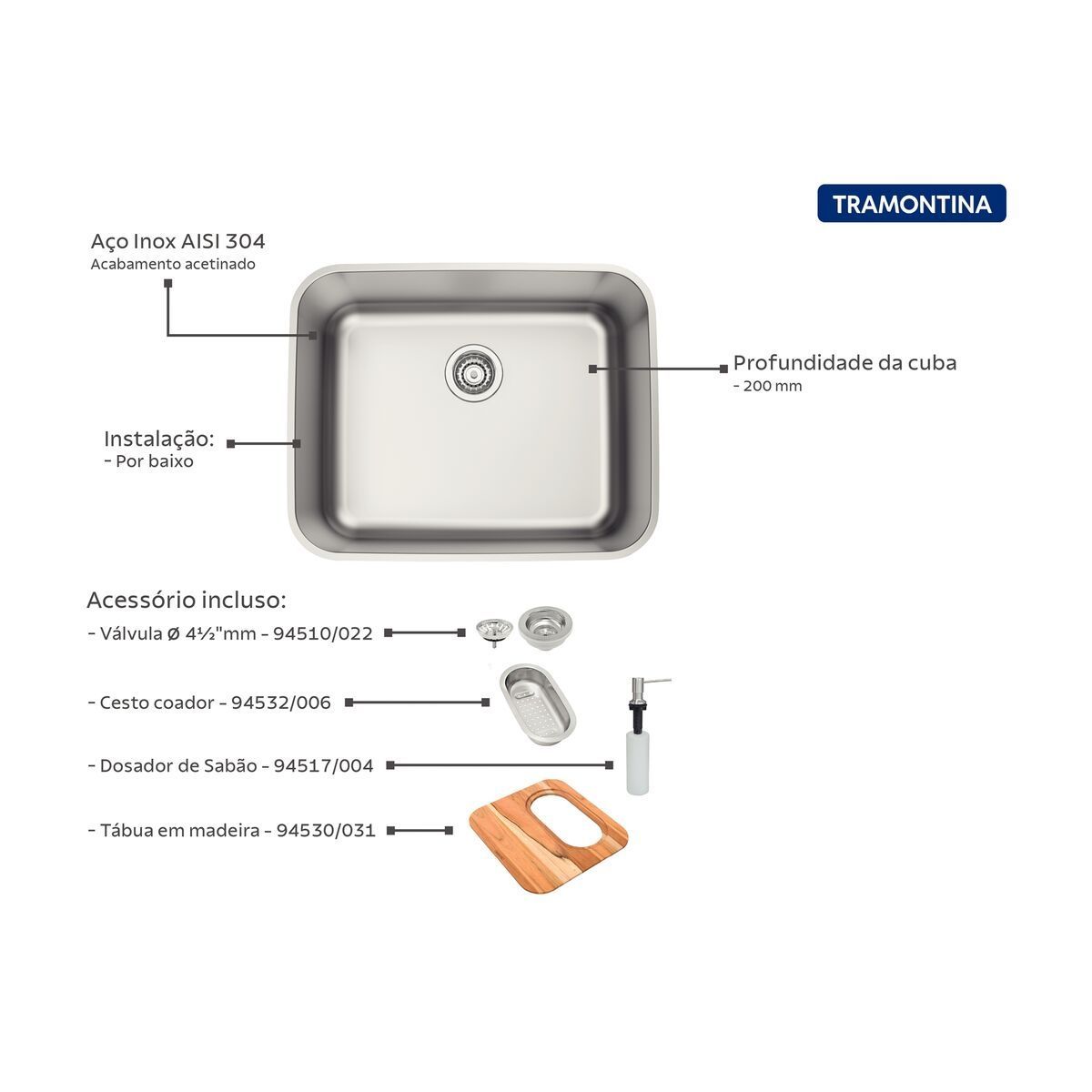 Cuba Tramontina Dora 50 em Aço Inox com Tábua de Madeira Cesto Coador e Dosador de Sabão