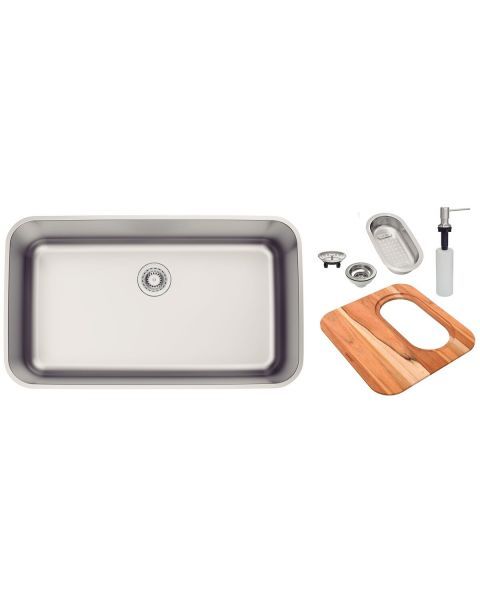 Cuba de Embutir Tramontina Dora 70 BL R6 em Aço Inox Escovado com Válvula Ø 4 1/2", Tábua de Madeira, Cesto coador e Dosador de Sabão 500 ml