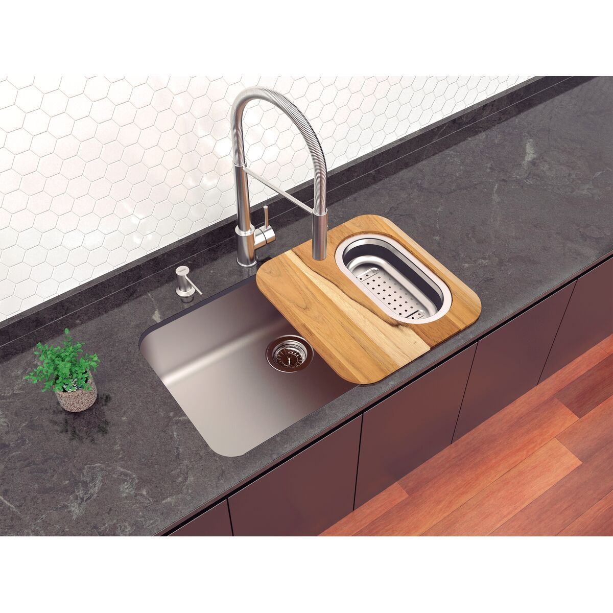 Cuba de Embutir Tramontina Dora 70 BL R6 em Aço Inox Escovado com Válvula Ø 4 1/2", Tábua de Madeira, Cesto coador e Dosador de Sabão 500 ml