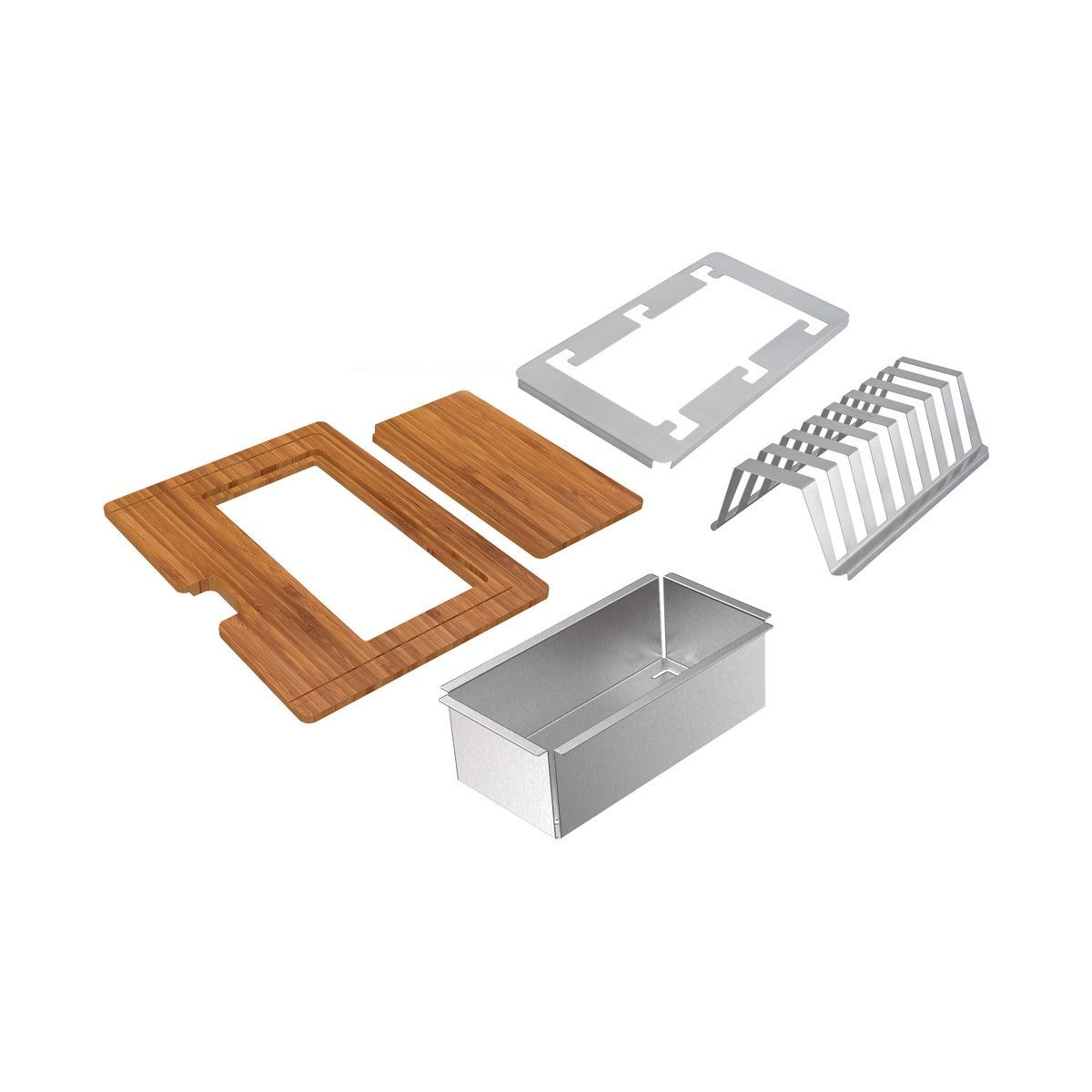 Kit para Pia Tramontina Design Collection Acessórios em Aço Inox com Acabamento Acetinado e Tábua em Madeira Vazada 42x32 cm