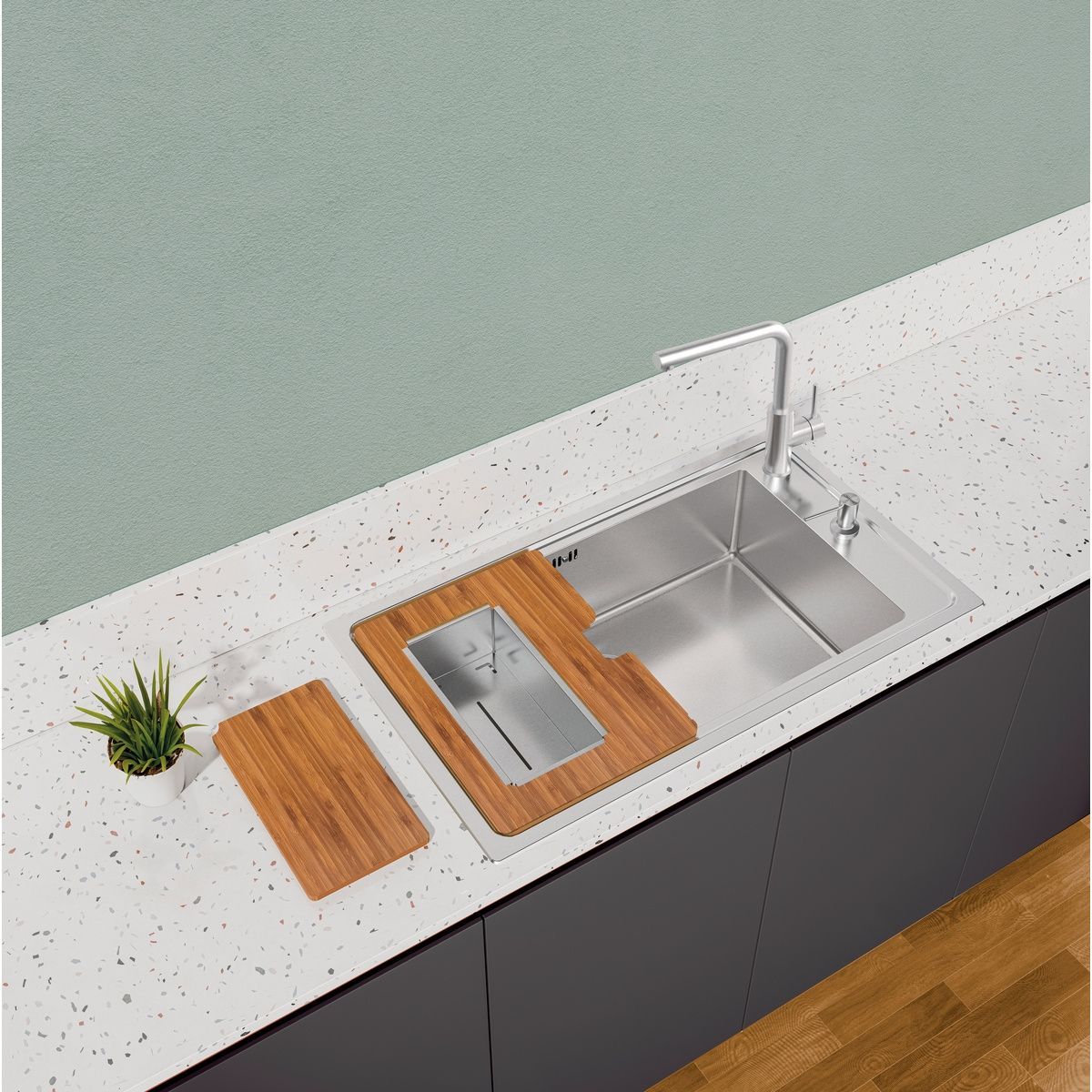 Kit para Cubas Quadrum Tramontina Design Collection com Tábua em Madeira 42x40 cm com Tábua Auxiliar e Cesto Coador em Aço Inox