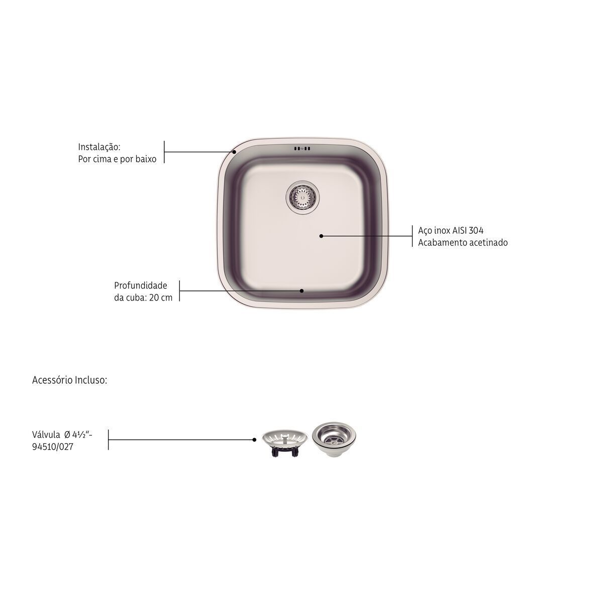 Cuba de Embutir ou Sobrepor Tramontina Tramontina Aria Maxi 40 BS em Aço Inox Escovado 40x40 cm