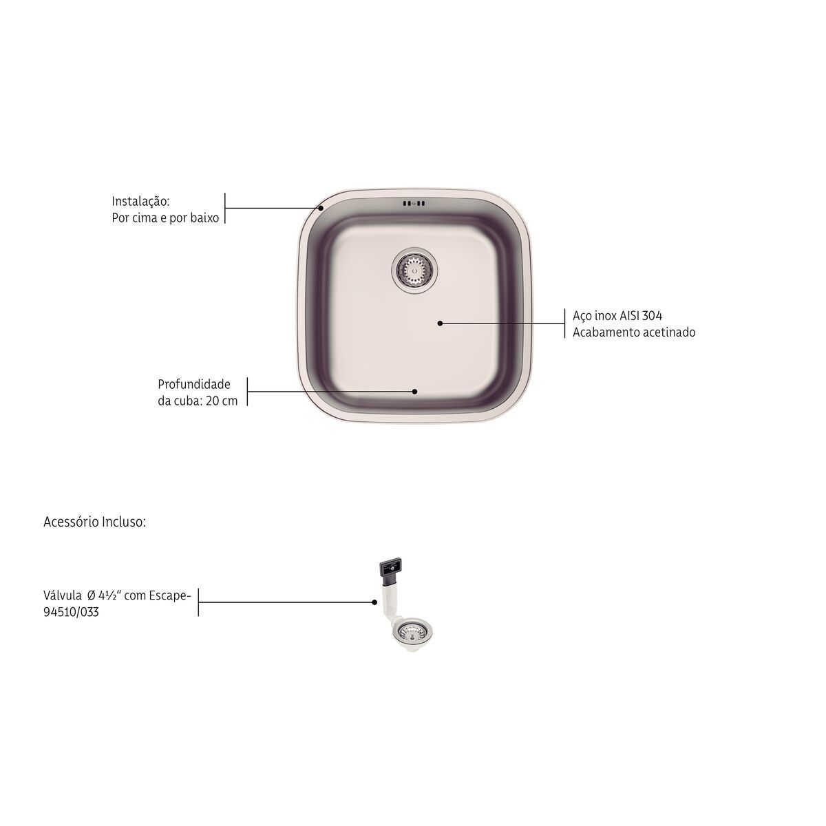 Cuba de Embutir ou Sobrepor Tramontina Aria Maxi 40 BS em Aço Inox Escovado 40x40 cm