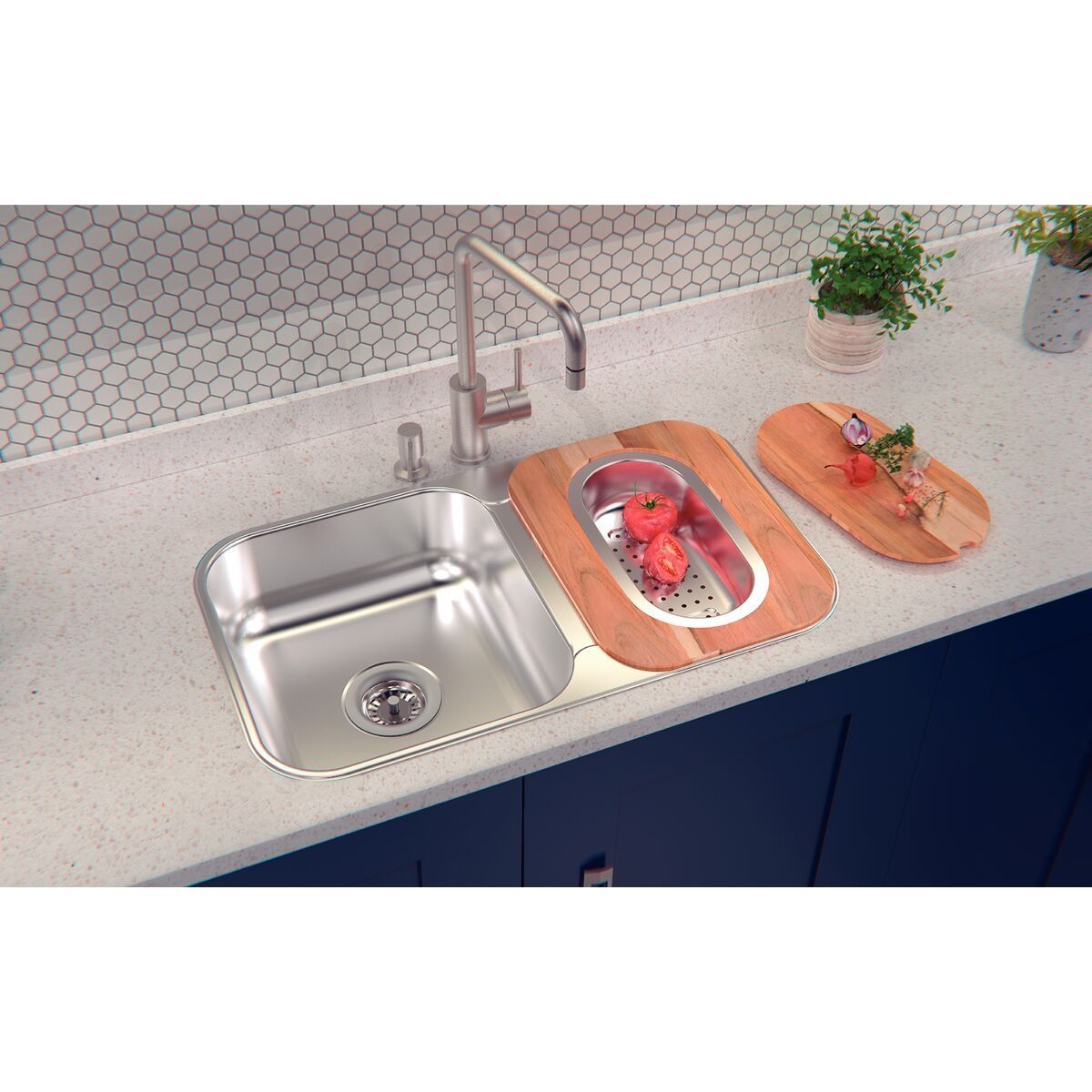 Cuba Tramontina Isis 2C 34 28 BS em Aço Inox com Acabamento Polido com 2 Válvulas, Cesto Coador, Tábua e Escorredor de Pratos