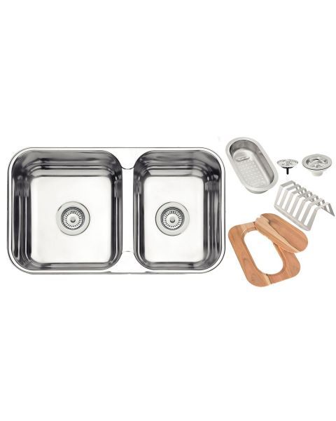 Cuba Tramontina Isis 2C 34 28 BS em Aço Inox com Acabamento Polido com 2 Válvulas, Cesto Coador, Tábua e Escorredor de Pratos