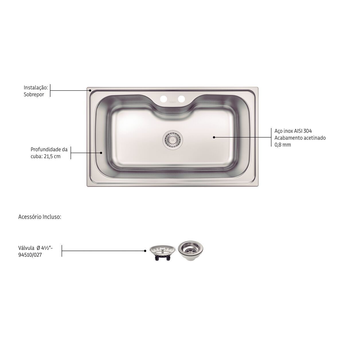 Cuba de Sobrepor Tramontina Morgana Maxi 78 FX em Aço Inox com Acabamento Escovado com Válvula 86x50 cm