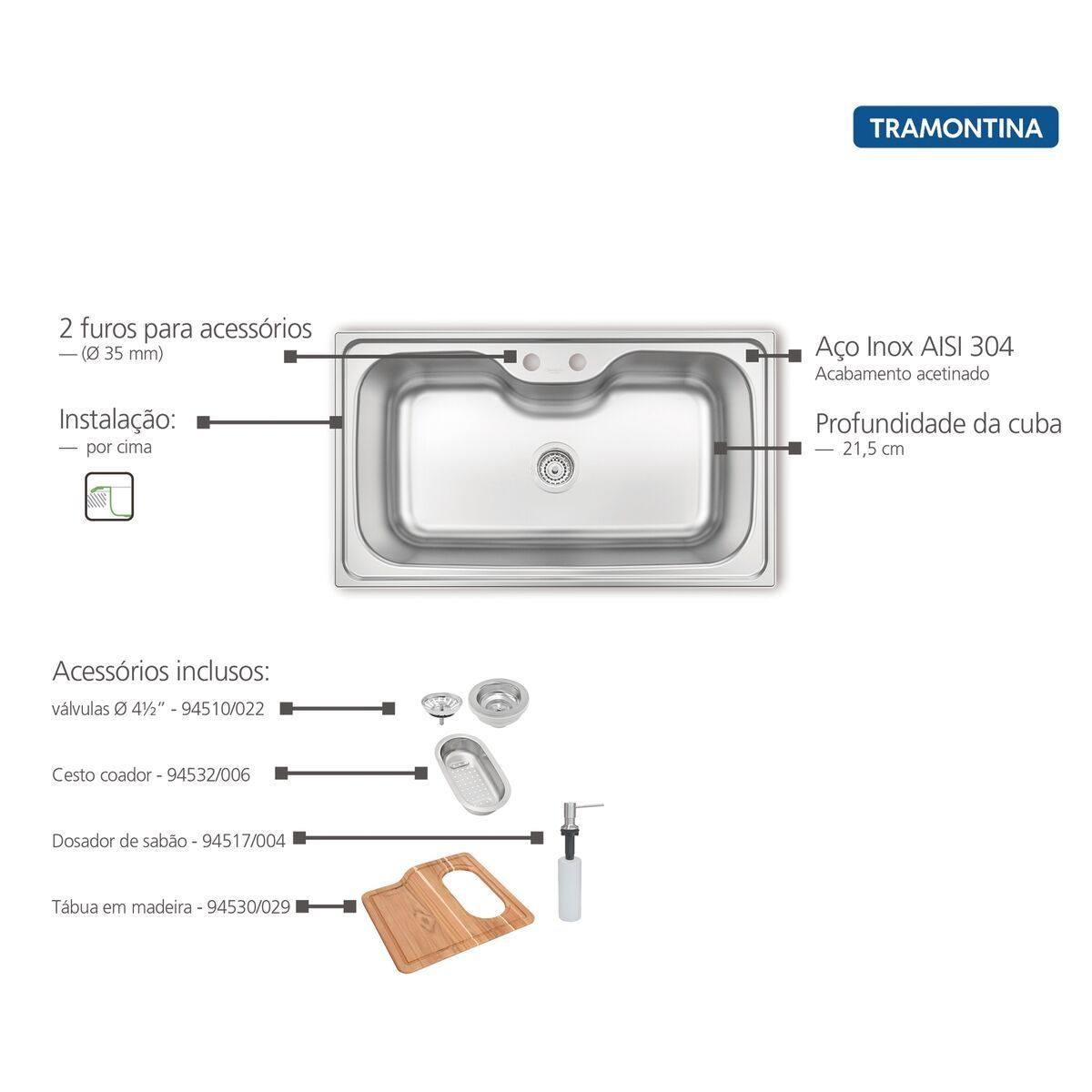 Cuba de Sobrepor Tramontina Morgana Maxi 78 FX em Aço Inox com Acabamento Escovado com Válvula Dosador de Sabão Tábua e Cesto Coador 86x50 cm