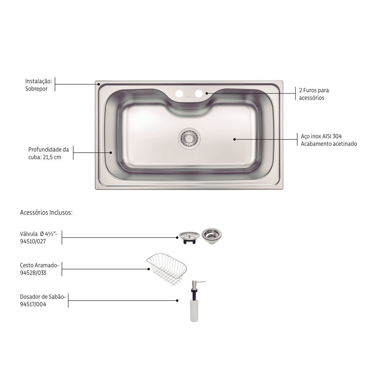 Cuba de Sobrepor Tramontina Morgana Maxi 78 FX em Aço Inox com Acabamento Escovado com Válvula Dosador de Sabão e Cesto Aramado 86x50 cm