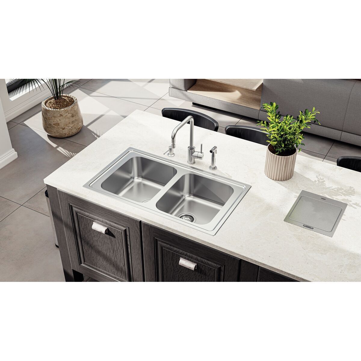 Cuba de Sobrepor Tramontina Marea Deep 2C 34 em Aço Inox com Acabamento Escovado 86 x 50 cm com Válvula e Furo para Torneira