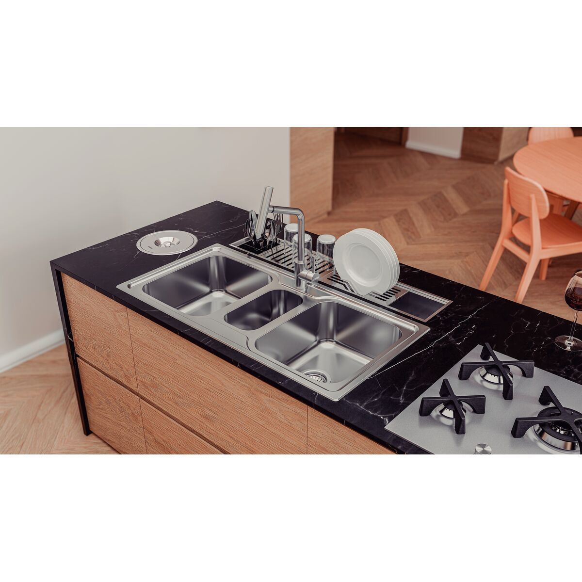 Cuba de Sobrepor Tramontina Marea Deep 2 Cubas e Auxiliar em Aço Inox com Acabamento Escovado 100 x 50 cm com Válvula e Furo para Torneira