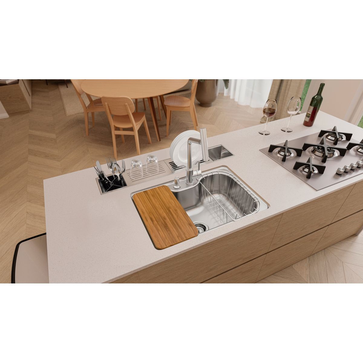 Cuba Tramontina Morgana 60 FX Undermount em Aço Inox com Lixeira de Embutir 5 L, Tábua de Madeira, Dosador de Sabão, Cesto Aramado e Válvula