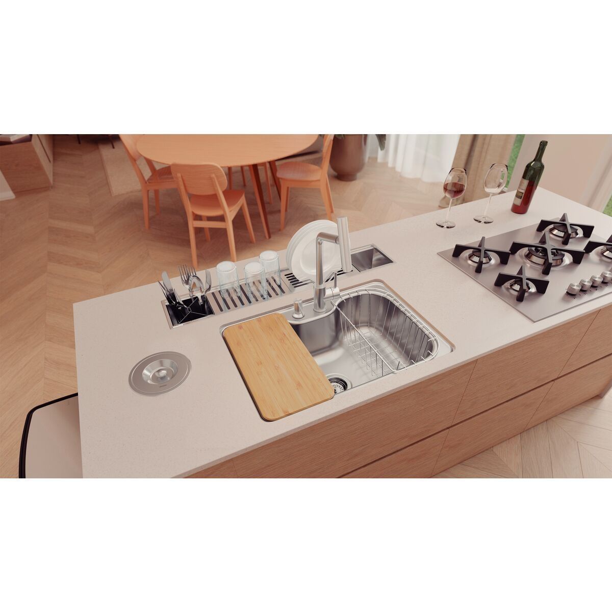 Cuba Tramontina Undermount Morgana em Aço Inox com Acabamento Escovado 69x49 cm com Dosador de Sabão, Tábua e Cesto Aramado