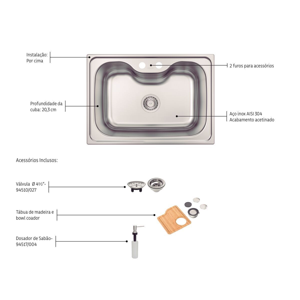 Cuba de Sobrepor Tramontina Morgana 60 FX em Aço Inox com Dosador de sabão Tábua e Bowl Ralador