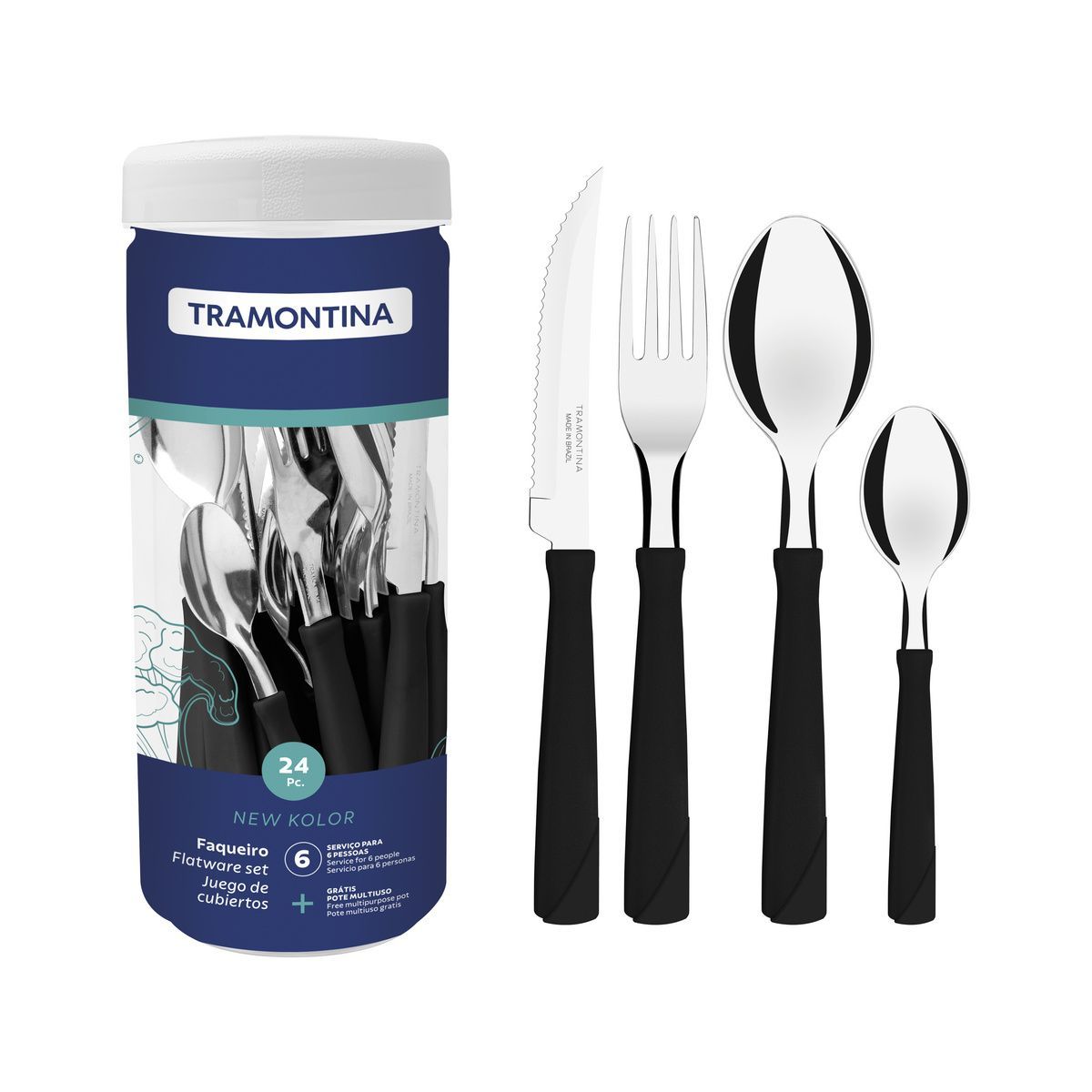 Faqueiro Tramontina New Kolor com L&acirc;minas em A&ccedil;o Inox e Cabos de Polipropileno Preto 24 Pe&ccedil;as