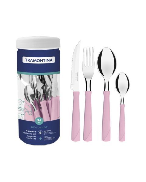 Faqueiro Tramontina New Kolor com L&acirc;minas em A&ccedil;o Inox e Cabos de Polipropileno Rosa 24 Pe&ccedil;as