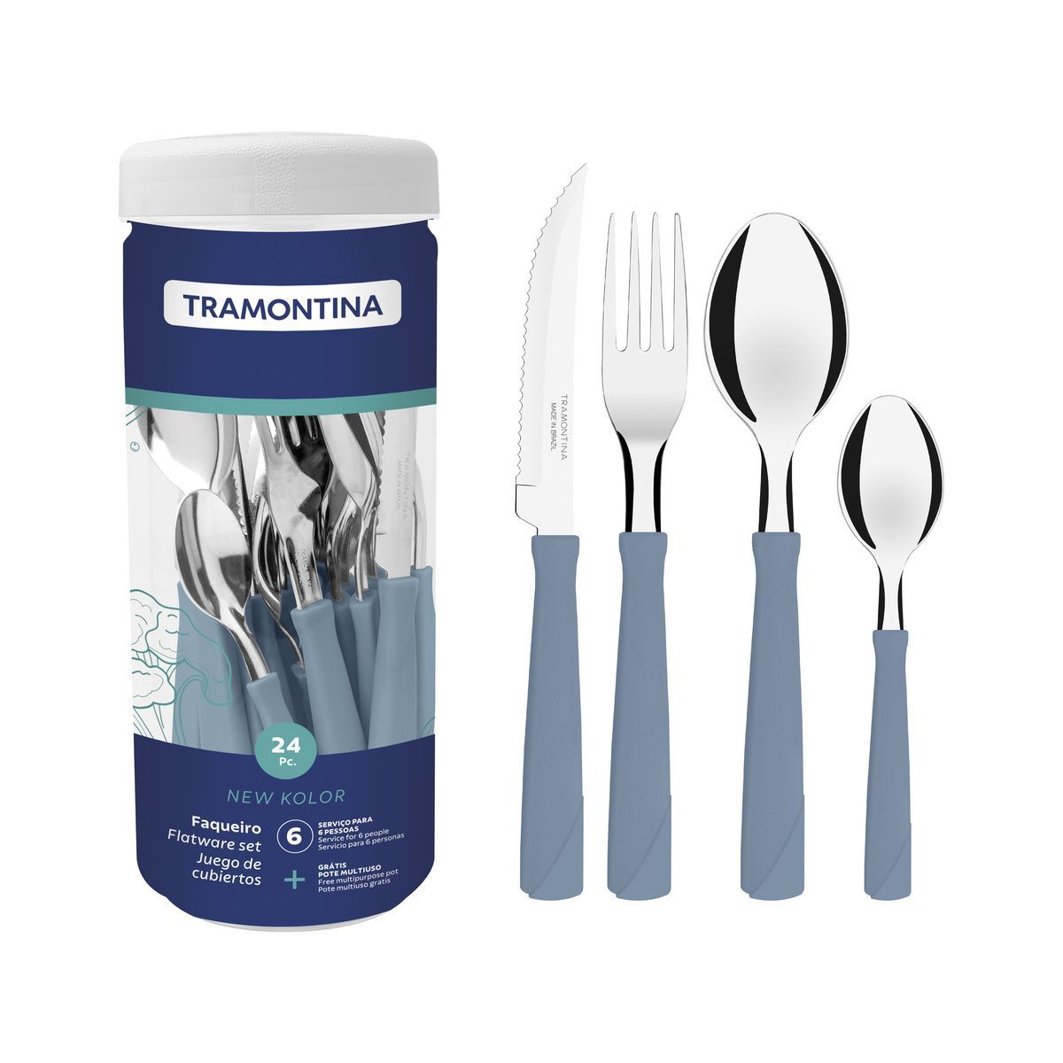Faqueiro Tramontina New Kolor com L&acirc;minas em A&ccedil;o Inox e Cabos de Polipropileno Azul 24 Pe&ccedil;as