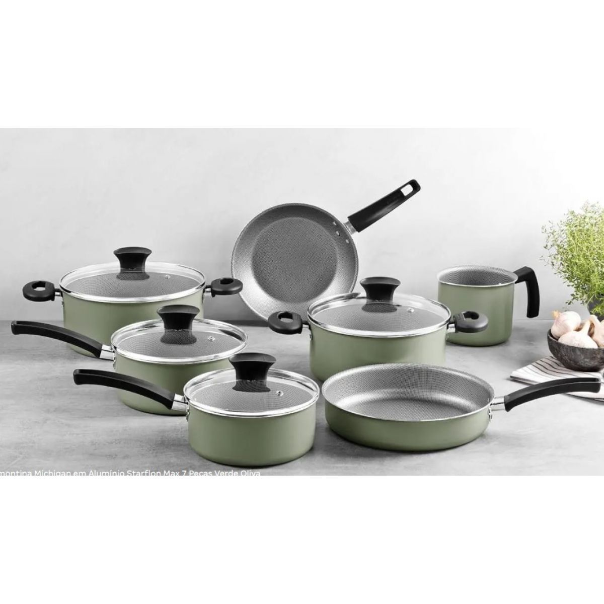 Jogo de Panelas Tramontina Michigan em Alum&iacute;nio com Revestimento Interno e Externo Antiaderente Starflon Max Verde Oliva 5 Pe&ccedil;as