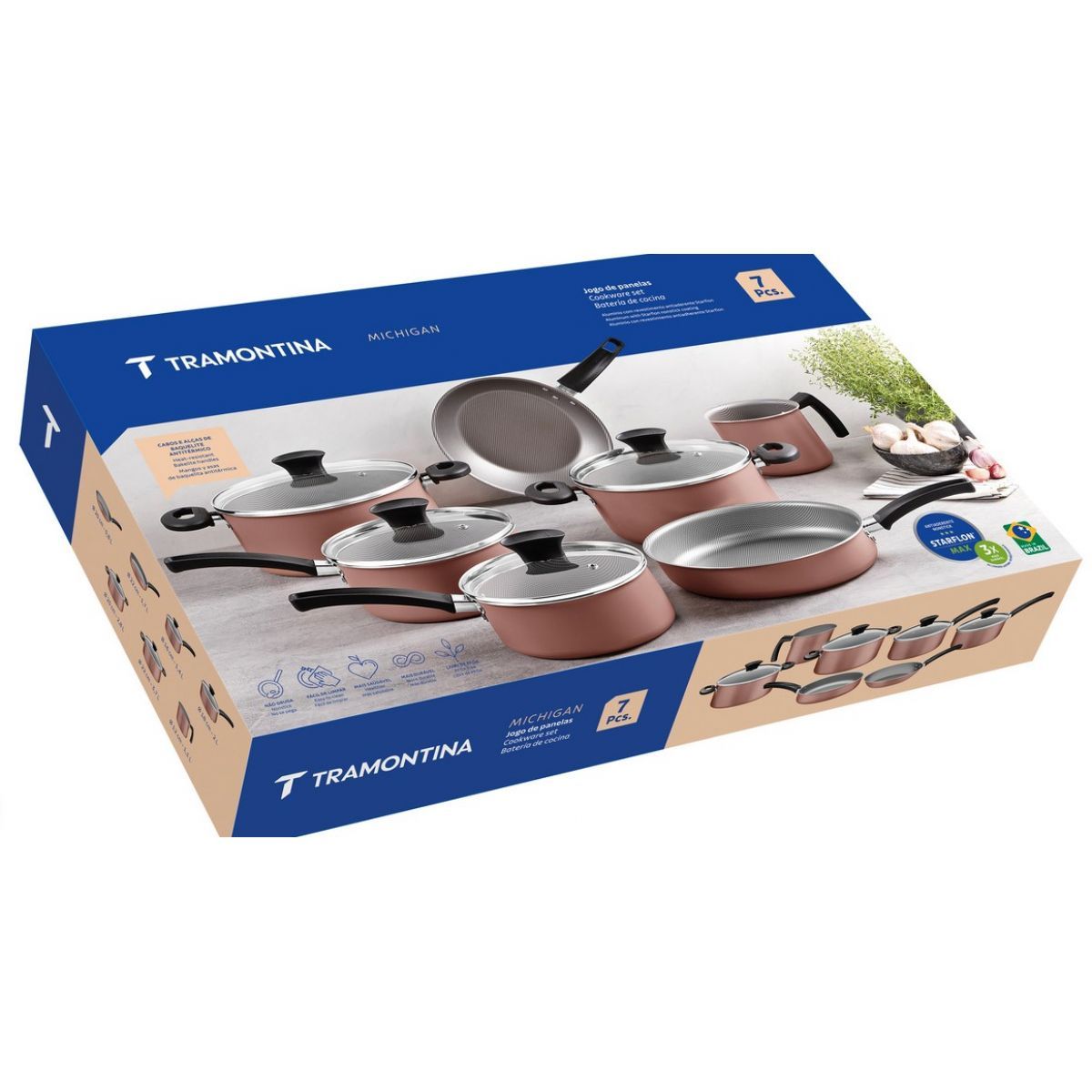 Jogo de Panelas Tramontina Michigan em Alum&iacute;nio com Revestimento Interno e Externo Antiaderente Starflon Max Siena Natural 5 Pe&ccedil;as