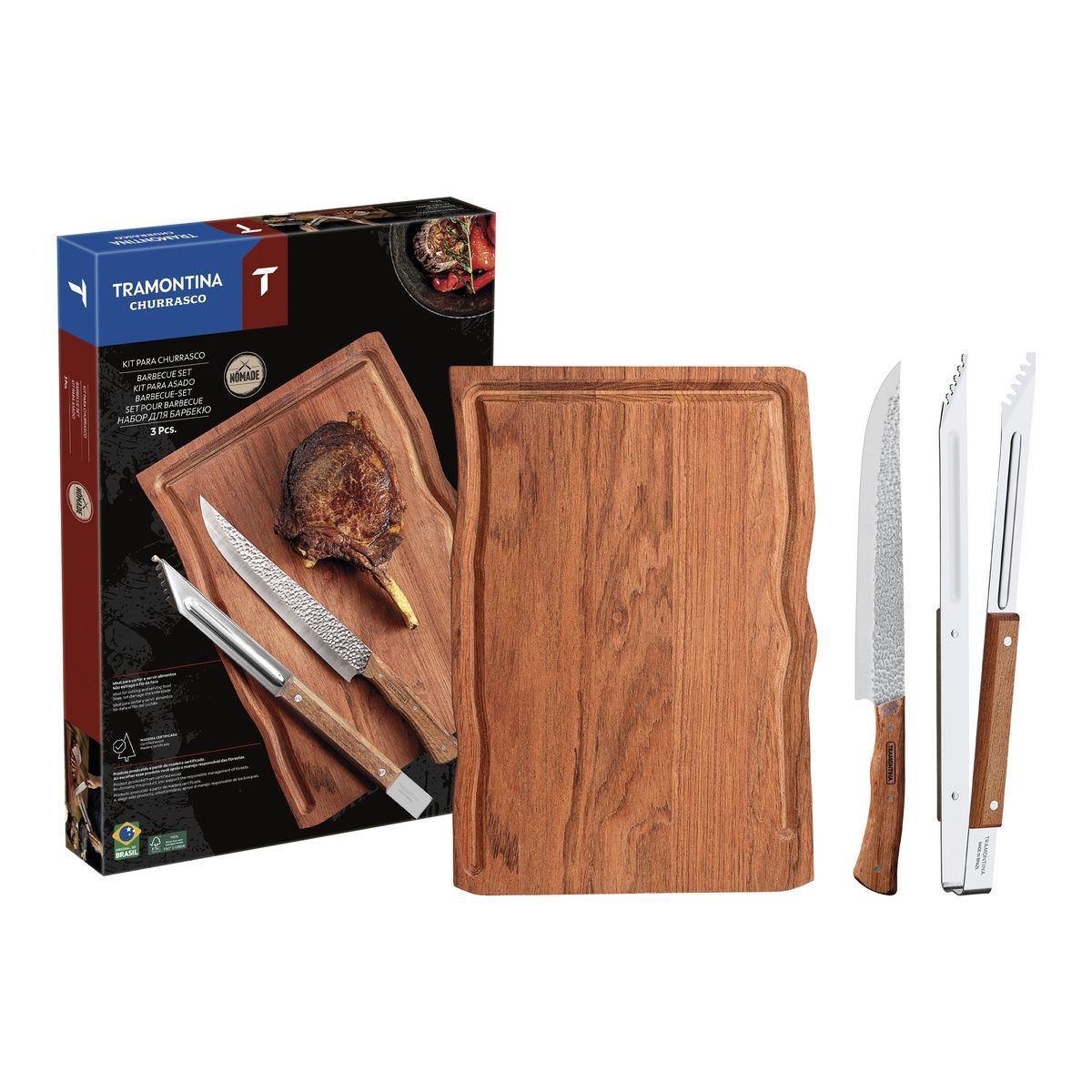 Kit para Churrasco Tramontina com L&acirc;minas em A&ccedil;o Inox e Cabo em Madeira Natural com T&aacute;bua de Madeira 3 Pe&ccedil;as