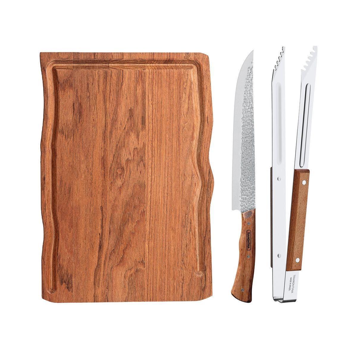 Kit para Churrasco Tramontina com L&acirc;minas em A&ccedil;o Inox e Cabo em Madeira Natural com T&aacute;bua de Madeira 3 Pe&ccedil;as