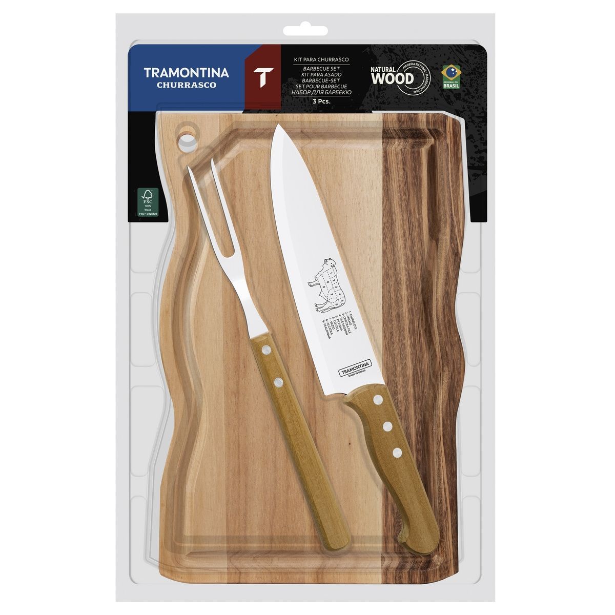 Kit para Churrasco Tramontina com L&acirc;minas em A&ccedil;o Inox e Cabos em Madeira Natural 3 Pe&ccedil;as