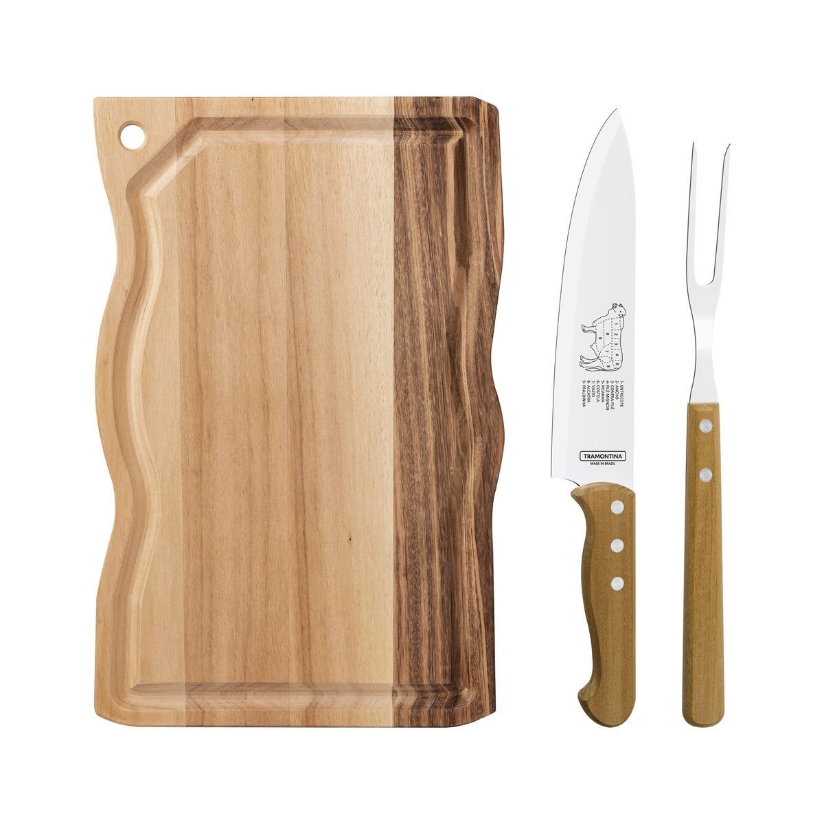 Kit para Churrasco Tramontina com L&acirc;minas em A&ccedil;o Inox e Cabos em Madeira Natural 3 Pe&ccedil;as