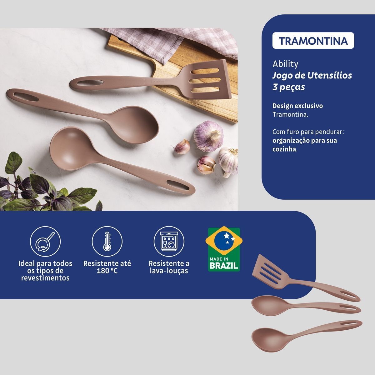 Jogo de Utens&iacute;lios Tramontina Ability em Nylon Mocaccino 03 Pe&ccedil;as