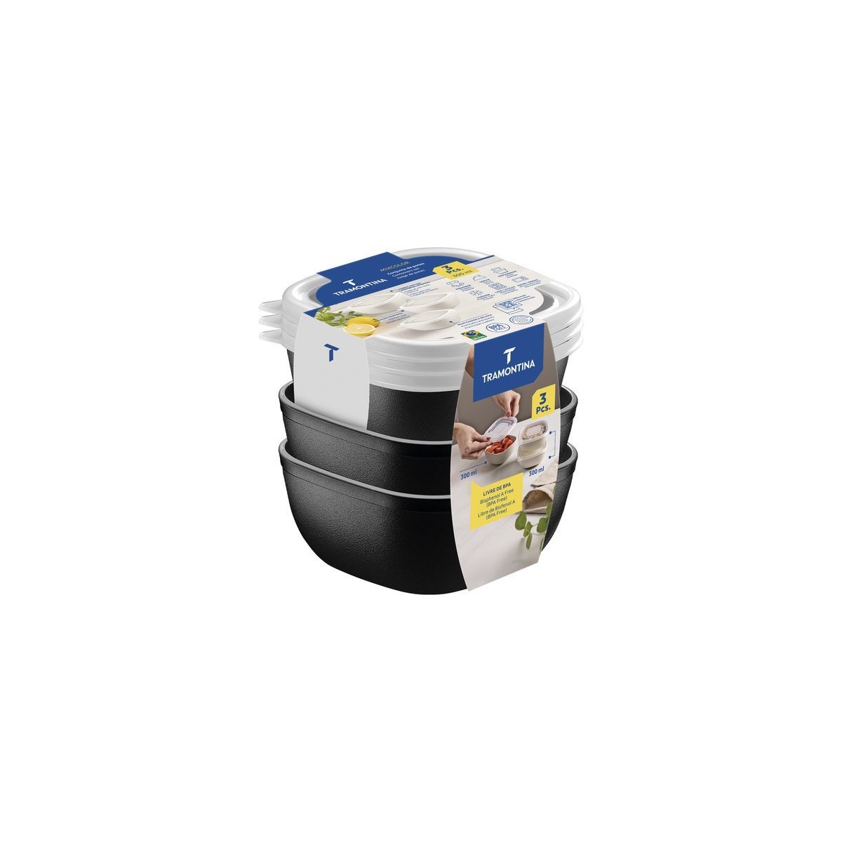 Jogo de Potes Tramontina MixColor em Polipropileno Preto com Tampa Transparente 300 ml 3 Pe&ccedil;as