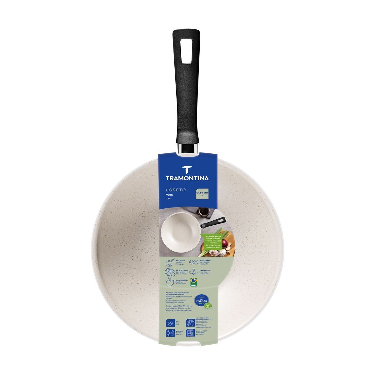 Wok Tramontina Loreto em Alum&iacute;nio com Revestimento Interno e Externo em Antiaderente Starflon Max Bege 24 cm 2,2 L