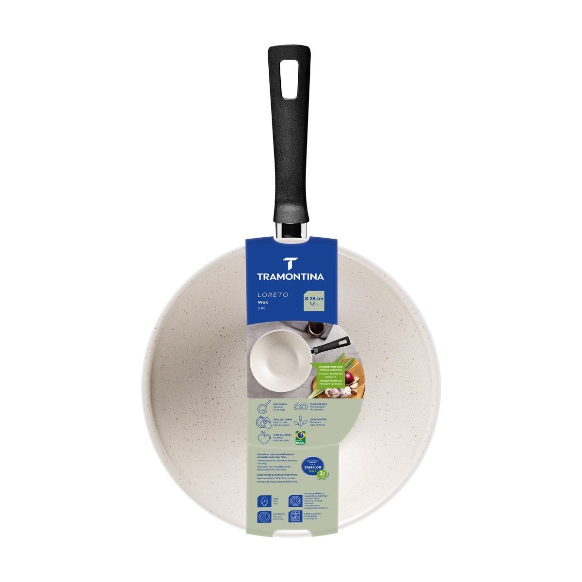 Wok Tramontina Loreto em Alum&iacute;nio com Revestimento Interno e Externo Antiaderente Starflon Max Bege 28 cm 3,6 L