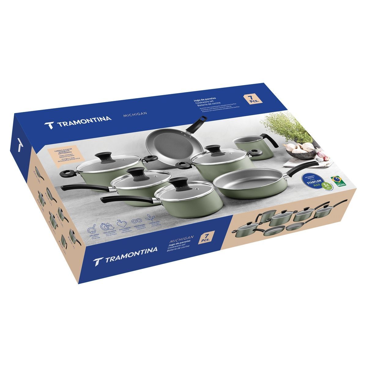 Jogo de Panelas Tramontina Michigan em Alum&iacute;nio com Revestimento Interno e Externo Antiaderente Starflon Max com Cabos e Al&ccedil;as Verde Oliva 7 Pe&ccedil;as