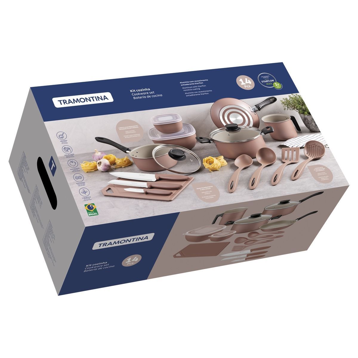 Kit Cozinha Tramontina em Alum&iacute;nio com Revestimento Interno e Externo em Antiaderente Starflon Max Mocaccino 14 Pe&ccedil;as